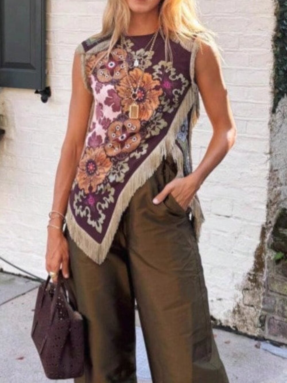 Burgundy Casual Women's Beaded Rhinestone Tiered Long Regular Sleeveless Vest